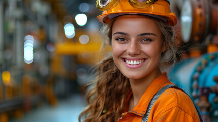 A woman wearing a yellow shirt and orange safety goggles is smiling. She is wearing a hard hat and is standing in a factory. A relatable Brazilian woman, smiling authentically in an industrial setting - Powered by Adobe