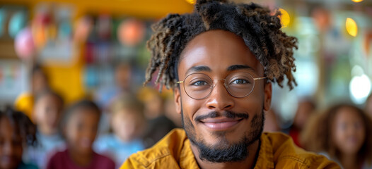 A man with glasses and a beard is smiling at the camera. He is surrounded by a group of people Scene is happy, as the man is enjoying himself. Afro American teacher talking about black history month.