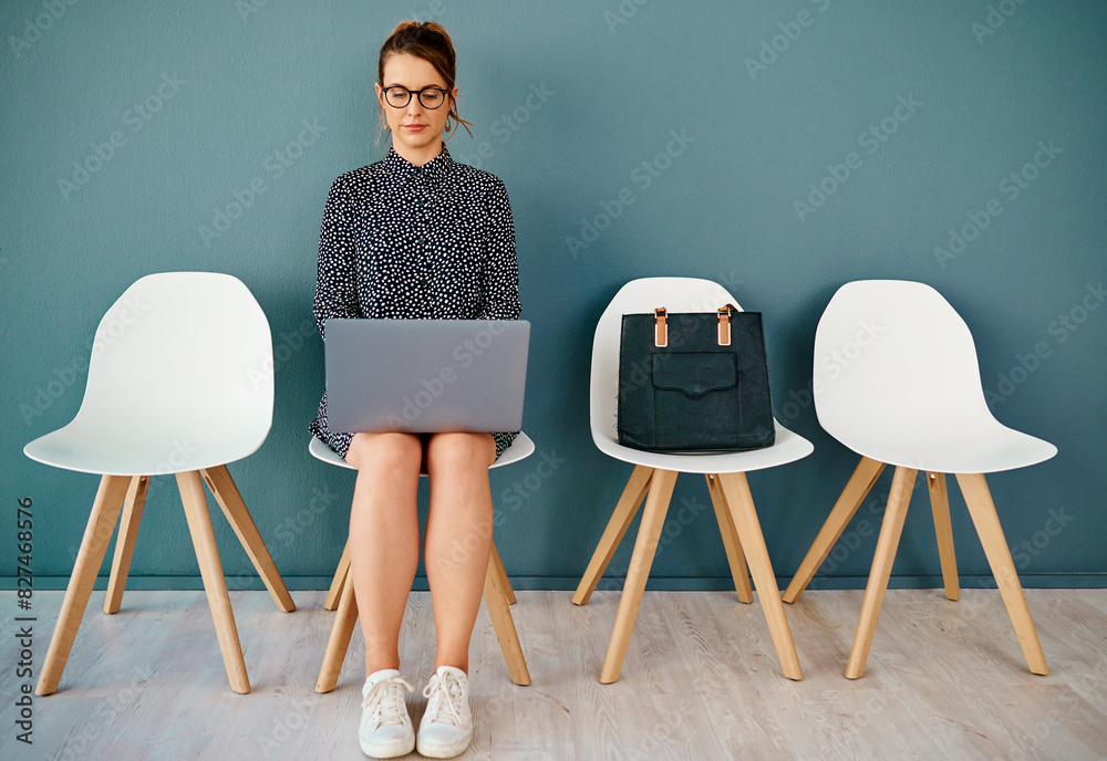 Sticker Business woman, laptop and waiting room for recruitment, hiring and job search on human resources website. Professional worker on chair and computer for reading, typing or planning in creative career