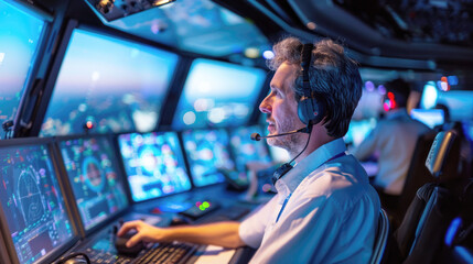 Obraz premium A male air traffic controller at work in the airport control tower.