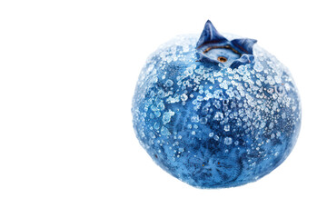 A close-up photo of a blueberry, its tiny, spherical form covered in a powdery blue bloom , isolated on white background.