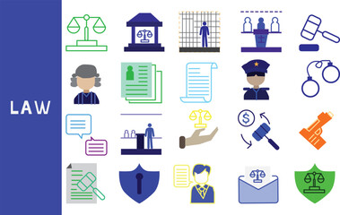 Laws and application of international trade laws ,Data-driven commercial and business litigation ,Set of icons for business , symbol collection.,Vector illustration.