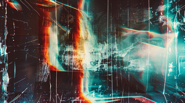 Grunge abstract background. Damaged screen. Orange glitch noise on blue scratched texture with dust.