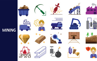 Mining is the use of natural resources to mine coal, gold or iron ore. Iron ore is the material.  ,Set of icons for business ,symbol collection.,Vector illustration.
