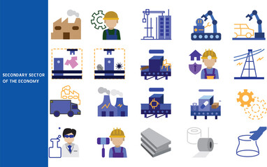 Secondary sector of the economy , Intermediate production, textile, automobile, and handicrafts, ,Set of icons for business ,symbol collection.,Vector illustration.