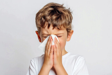 Young boy sneezing into a tissue with a plain white background. Represents common cold or allergy symptoms in a clean and simple setting.
