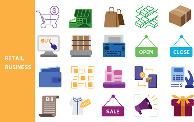 Retail sales, purchases of goods and services, spending on business transactions ,Set of icons for business ,symbol collection.,Vector illustration.