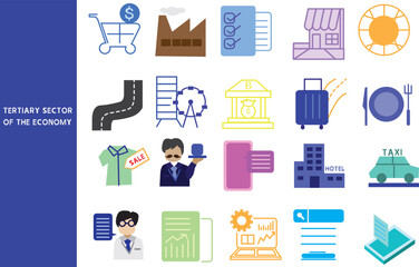 tertiary sector of the economy , Product production and final delivery cover many business types. ,Set of line for business , symbol collection.,Vector illustration.