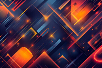 Vibrant abstract geometric background with glowing shapes and lines on a dark backdrop. Dynamic and futuristic design with colorful elements creating depth and movement.