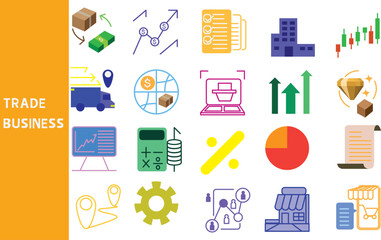 Trade ,Buy, sell, and exchange goods and money on a local and international level. ,Set of icons for business ,symbol collection.,Vector illustration.