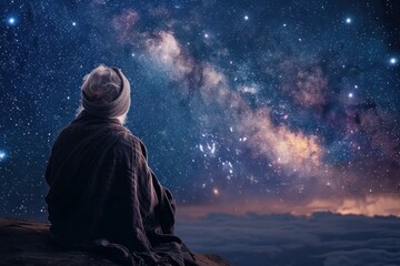 Serene figure sits beneath a starry sky, reflecting on the vastness of the universe