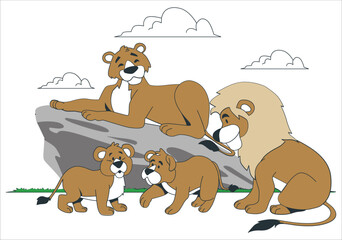 pride of lions resting, relaxed lions, lion family with cubs relaxing. A large group kittens of lion cub of lion and lioness female of lion. illustration vector
