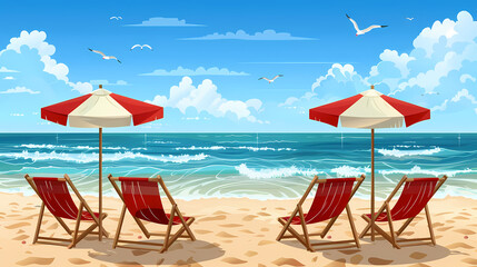 Summer holiday banners set vector image.Summer vacation loungers on sea beach landscape vector image