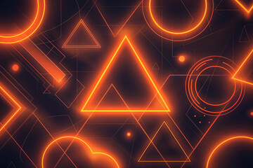 Abstract neon orange geometric shapes glow against a dark background. The vibrant design features triangles and circles, creating a dynamic, futuristic pattern.