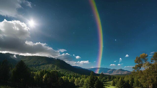 Amidst the dark silence of the night a moonbow emerges its vibrant colors a beacon of hope and beauty.
