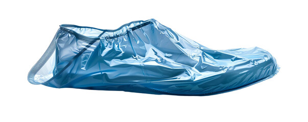 Fototapeta premium Disposable blue shoe cover for hygiene and cleanliness. Protects from dirt in various environments. Essential for medical and lab use.