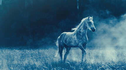 A beautiful horse in the misty field, blue and white color tones, cyanotype style