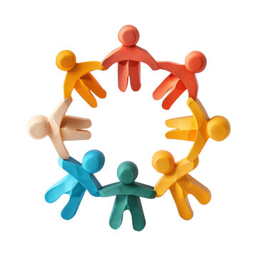 Colorful team figurines in a circle representing unity, diversity, teamwork, and community, symbolizing inclusive collaboration and positive connection.