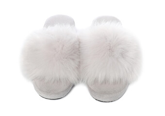 Pair of soft slippers with fur isolated on white