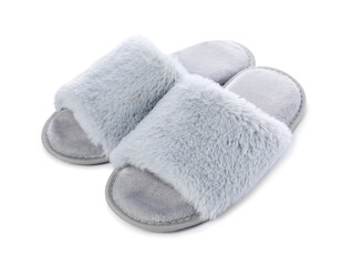 Pair of soft slippers with fur isolated on white