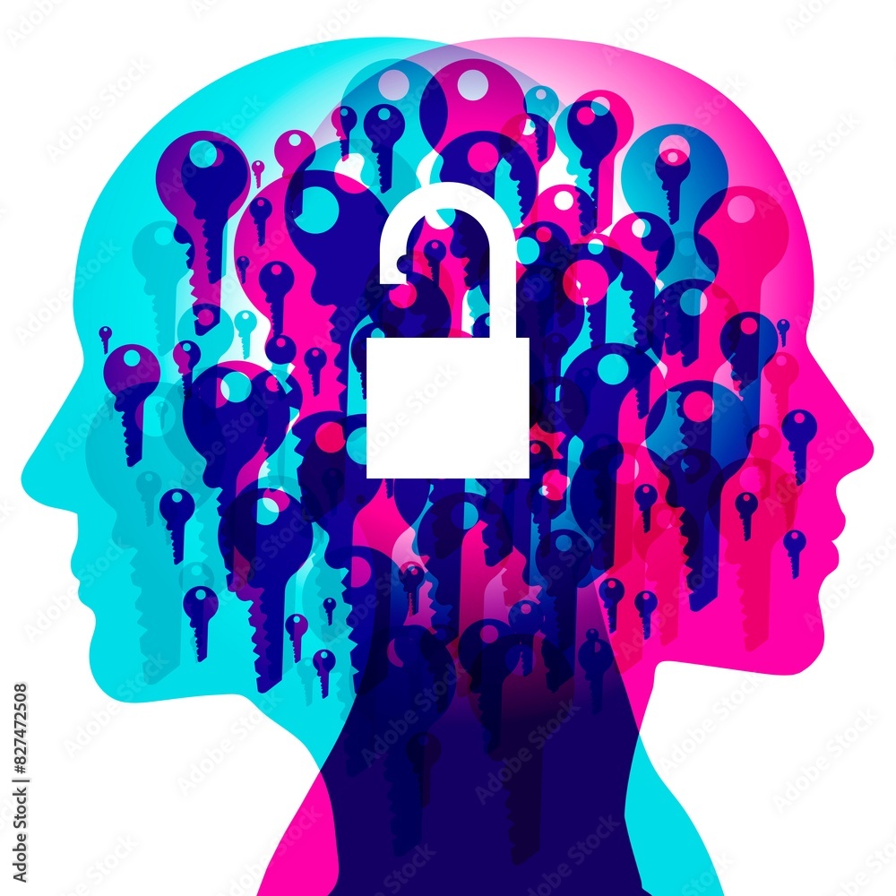 Wall mural two overlapping human heads filled with images of keys and an open padlock at the centre. the illust