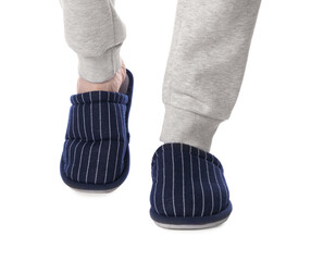 Man in soft slippers on white background, closeup