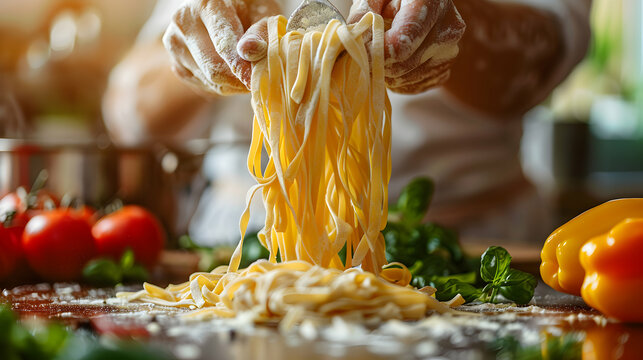 Mastering Pasta Making: A Detailed Cooking Class with Glossy Backdrop and High Resolution Focus on Techniques and Skills for Fresh Pasta   Photo Stock Concept