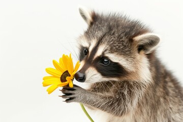 Obraz premium Cute raccoon gently holds a yellow daisy with its paws against a white background, showcasing the animal's curious nature and interaction with a simple flower