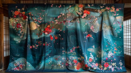 A beautiful and colorful Japanese kimono with a floral pattern