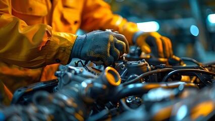 Mechanic performing engine repairs in an auto repair shop. Concept Mechanic, Engine Repairs, Auto Repair Shop, Maintenance, Automotive Care