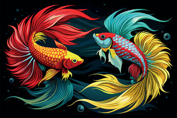 Obraz premium The image depicts two ornamentally drawn betta fish. One is mostly red with hints of yellow, and the other is mostly blue with red accents.