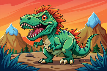 Obraz premium A stylized cartoon green dinosaur standing in a landscape. It has sharp teeth, prominent claws and is depicted in a dynamic pose that implies movement.