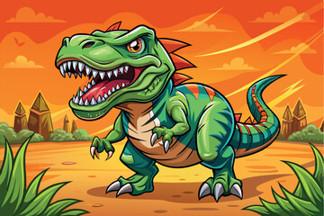 Obraz premium A stylized cartoon green dinosaur standing in a landscape. It has sharp teeth, prominent claws and is depicted in a dynamic pose that implies movement.