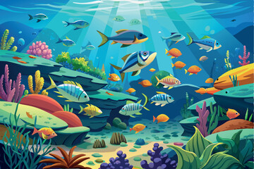 Naklejka premium A picturesque underwater scene with a variety of fish swimming among coral reefs. The environment is reminiscent of a tropical ocean with bright blue water and sunlight streaming in from above.