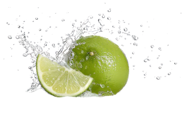 A burst of water droplets spraying from a lime being squeezed, revealing its juicy, translucent flesh, isolated on a white background.