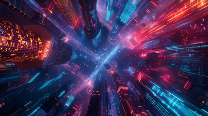 Obraz premium 8. **Urban Utopia**: Present a futuristic 3D artwork depicting a vibrant metropolis filled with neon lights and bustling energy, leaving room for a caption that celebrates the beauty of urban life