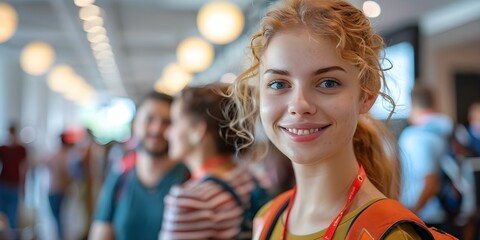 People waiting in line to register at a conference. Concept Event registration, Queuing system, Conference attendees, On-site registration, Waiting in line