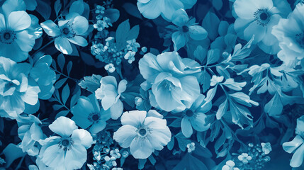 wallpaper with flowers in blue tones, floral background cyanotype style. blossom spring new beginning 
