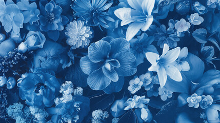 Blue floral background with various flowers in shades of blue, following a monochromatic color scheme. seamless pattern cyanotype. blossom spring new beginning 