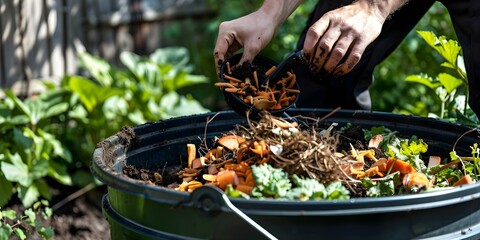 Someone composting food waste in a backyard compost bin for gardening. Concept Backyard Composting, Waste Reduction, Sustainability, Gardening, Eco-Friendly Practices