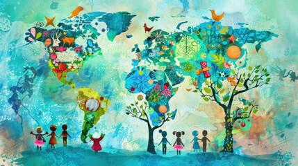 A painting showing diverse people from around the world holding hands around a world map, symbolizing global unity and cooperation