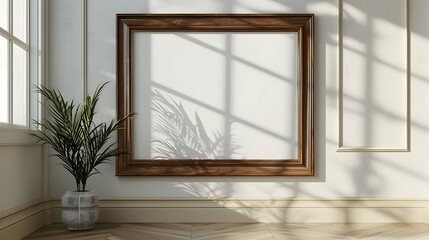 Dark Wood Landscape Frame Mockup on Light Wall: Elegant High Resolution Design for Classic Art Pieces