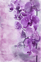 painting watercolor flower background illustration floral nature. Purple orchid flower background for greeting cards weddings or birthdays. Copy space.