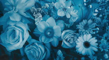  Blue colored flowers, roses and daisies, floral background cyanotype style. blossom spring new beginning 