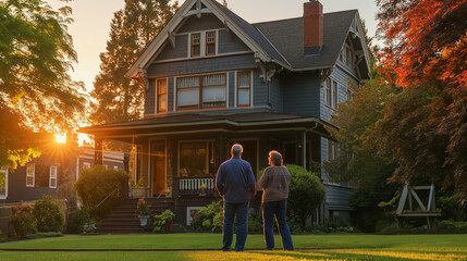 A senior couple in a warm embrace look towards their recently bought home at sunset.