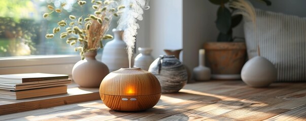 A beautiful aroma diffuser made of ceramic. It has a warm light that creates a relaxing atmosphere. The diffuser is surrounded by dried flowers and placed on a wooden table.