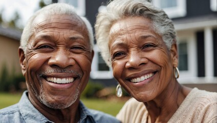 An elderly African American couple takes a selfie in front of their house, expressing their happiness and pride in their home and the life they've created together.