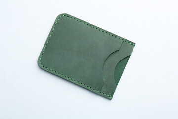 Empty leather card holder on light grey background, top view