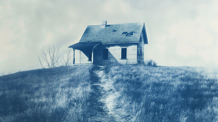  A photograph of an old house on top of a hill, with a path leading up to it. minimalist cyanotype print with a white background eerie atmosphere, horror Halloween haunted house