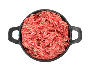 Raw ground meat in bowl isolated on white, top view